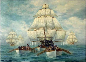 Die USS Constitution entkommt der britischen Flotte, indem sie sich in einer Flaute von ihren Beibooten wegschleppen lässt.